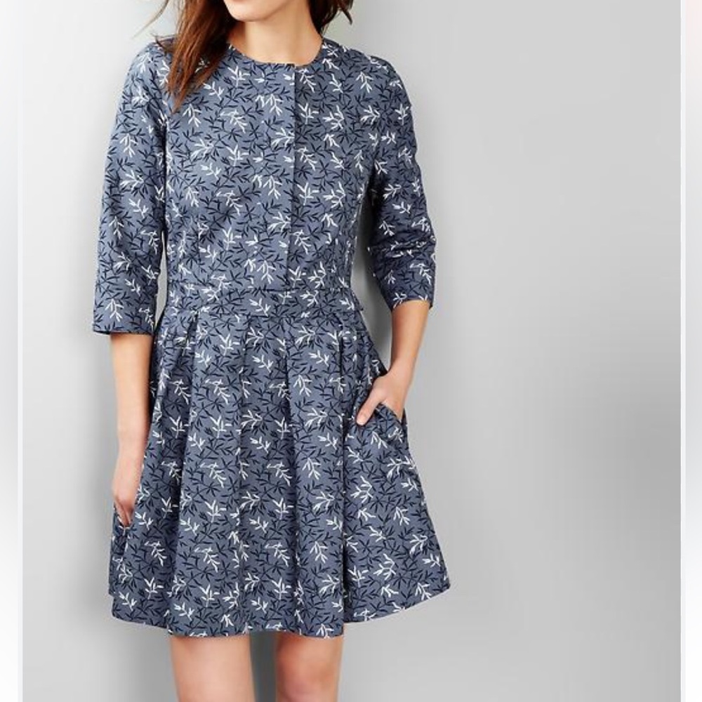 Gap Blue Pleated Linen Blend Leaf Print Dress Size 2